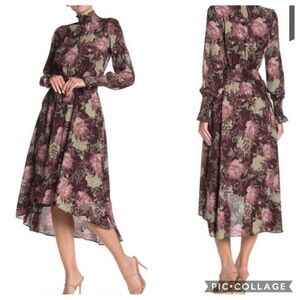 NWT Nanette Lepore Floral Smocked High/Low Dress Eggplant/ Green Sz 6